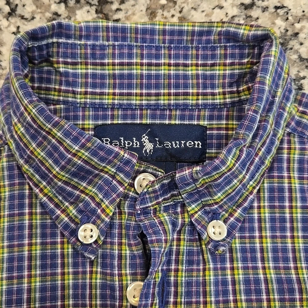 RALPH LAUREN BLUE,GREEN,YELLOW PLAID BUTTON-DOWN LONG SLEEVE W/ PONY LOGO. SZ 5.